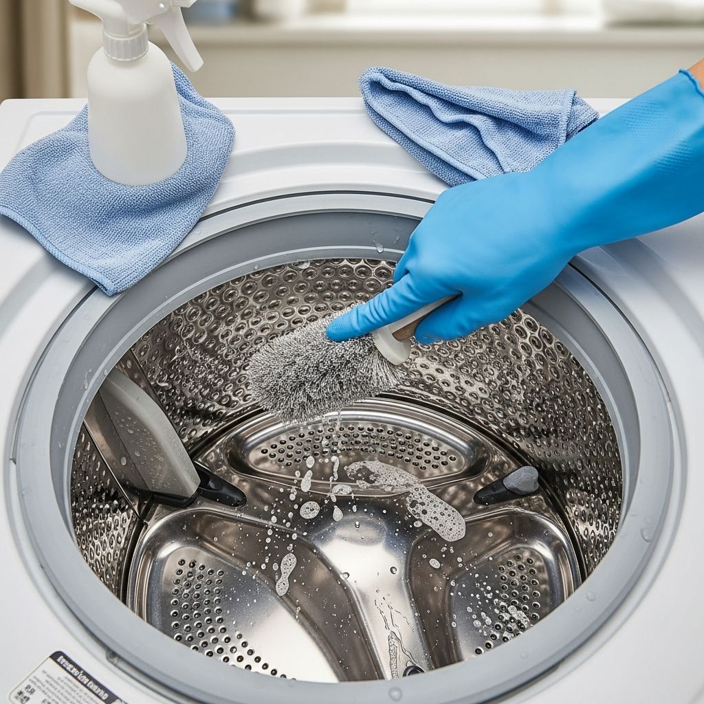 Detailed guidance to deep clean a top-load washer drum, eliminate residue, odors and build-up, and keep laundry smelling fresh.