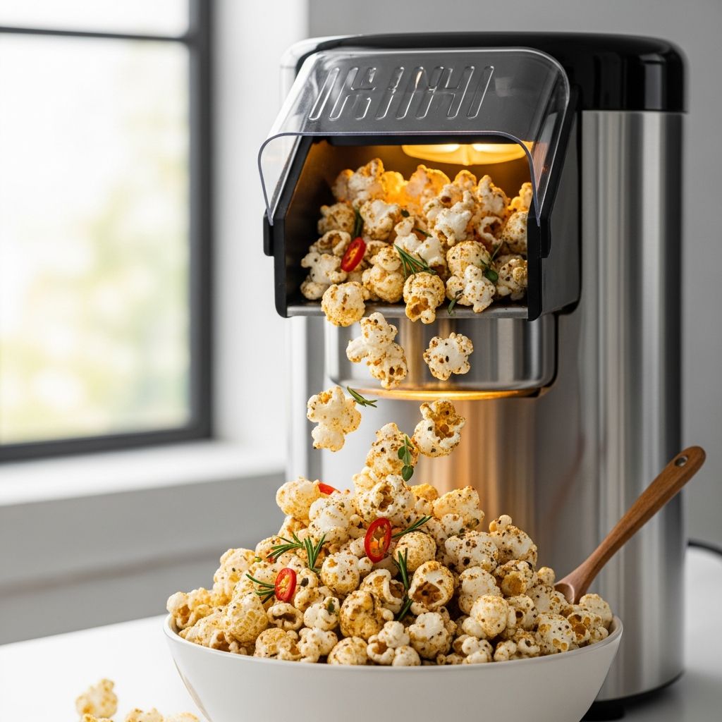 Learn how to use oil and powdered seasonings in popcorn makers for bold, even, savory flavor in every bite.