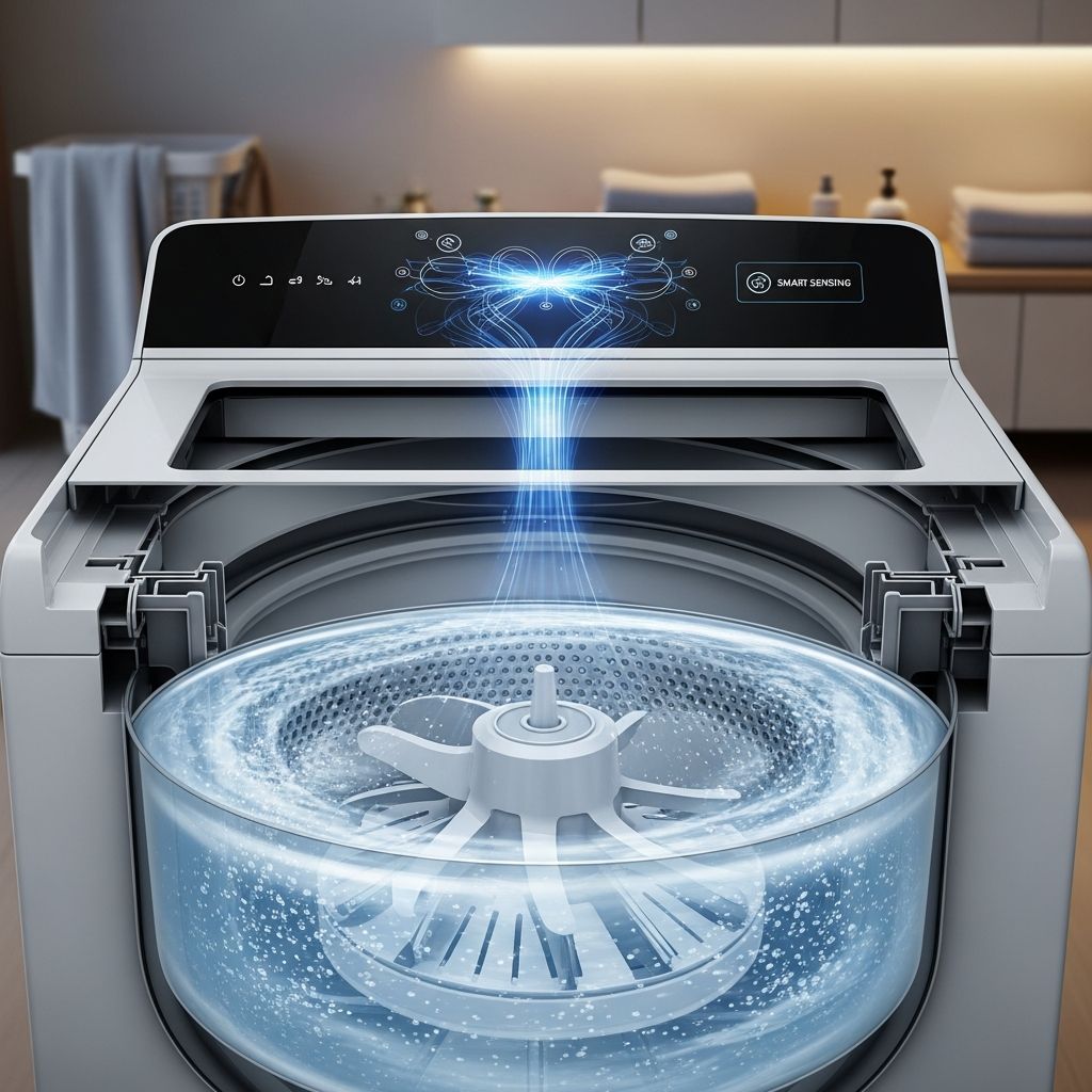 A complete guide to how high-efficiency top-load washers clean with impellers, low water use, and advanced sensing technology.